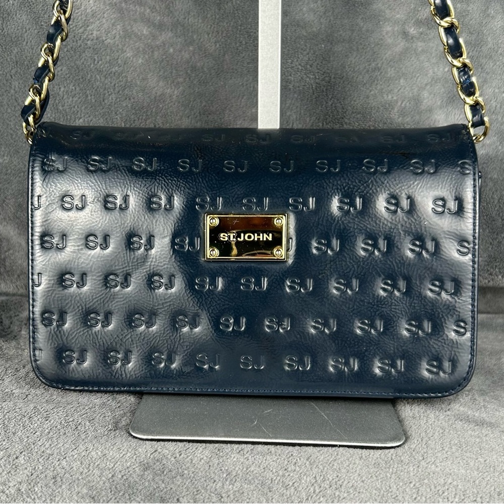 St. John Navy Blue Patent Leather Embossed SJ Monogram Chain Shoulder Bag